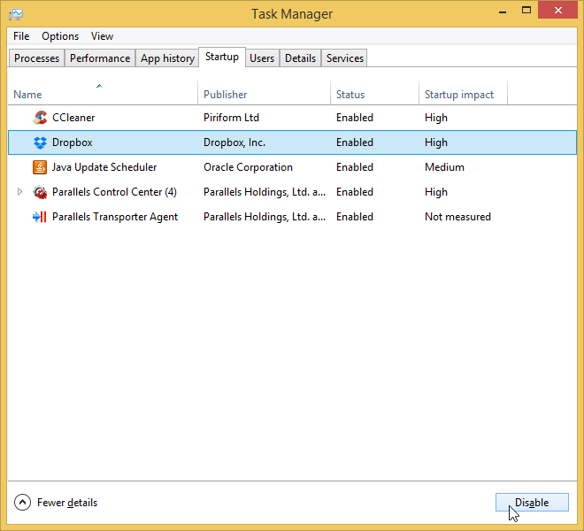 Windows 8 Task Manager showing Startup tab